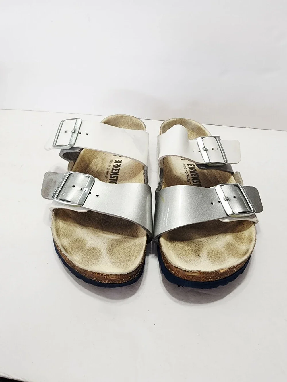 Birkenstock Arizona Two-Strap Sandal in Silver/White Size 39